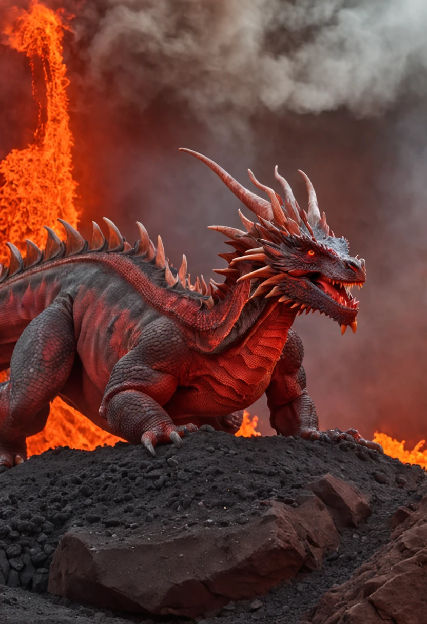 Dragon black face and detailed features, walking along a path of wet black stones, between narrow slopes of black rocks, surrounded by red fog, ethereal atmosphere, cinematic lighting, photorealistic, (best quality, 8k, high resolution, masterpiece of the dark fantasy, :1.2),ultra-detailed,realistic,photorealistic:1.37,dramatic lighting,temperamental,fantasy,conceptual art