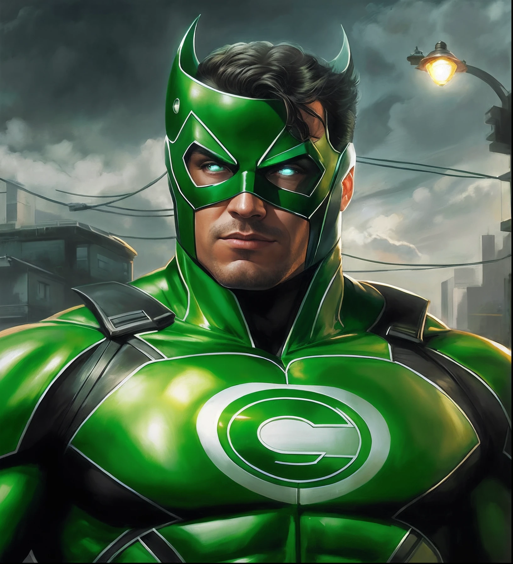 (masterpiece, intricately detailed, highest resolution, best quality:1.2), (doujin), a cocky HalJordan daddy, a 34 y.o muscle stud with a muscular physique sitting on a chair with blue eyes,dark-skinned male, wearing a ((open jacket, HalJordan green lantern, chav, armbands)), (excessive cum), (cum on body), (cum drip), flaccid penis,saggy balls,hairy chest,vascular,muscle striations,soft light,fantastic realism,