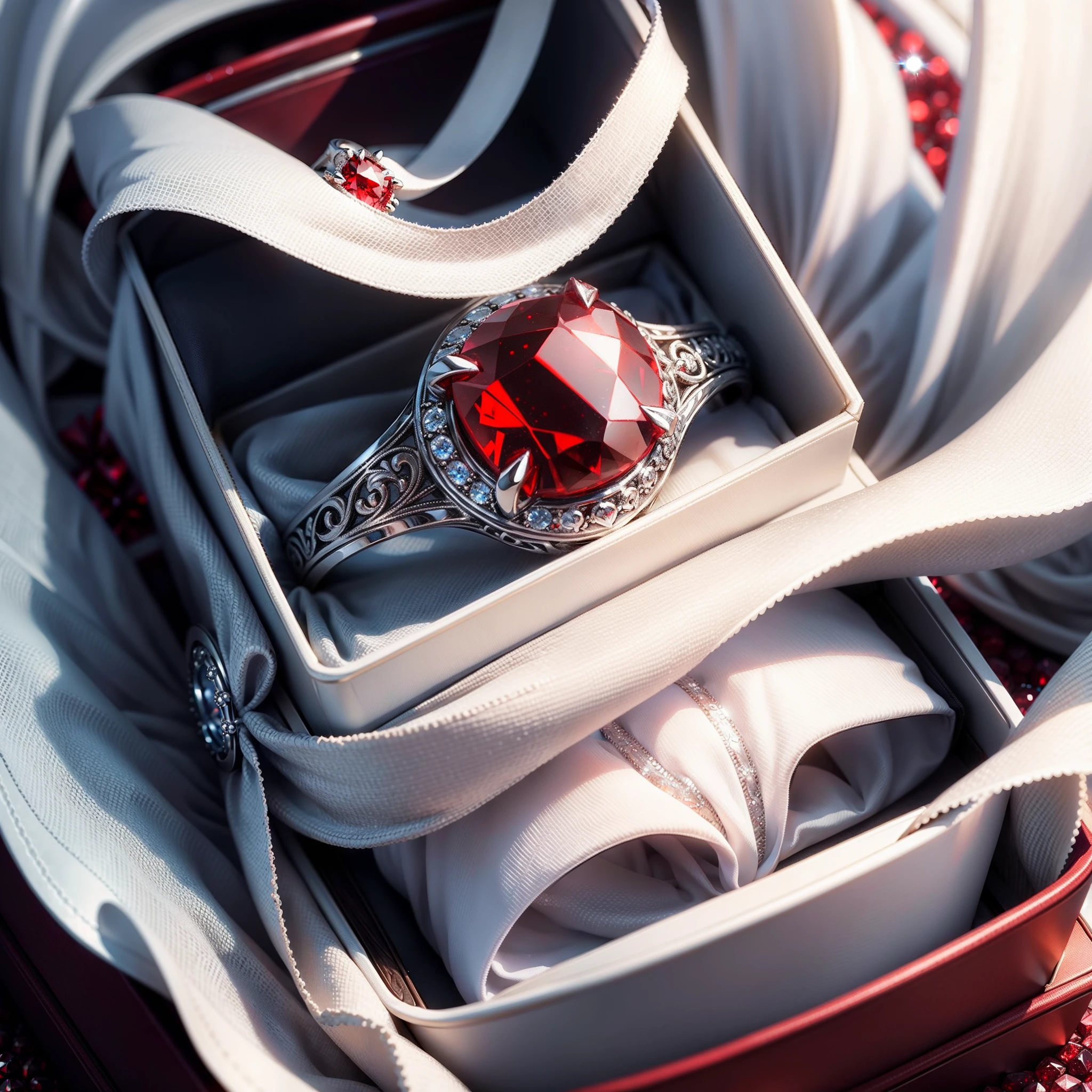 White silk background,Silver magic ring with red diamonds,Visualizers,Exquisite jewelry box,without humans:1.9