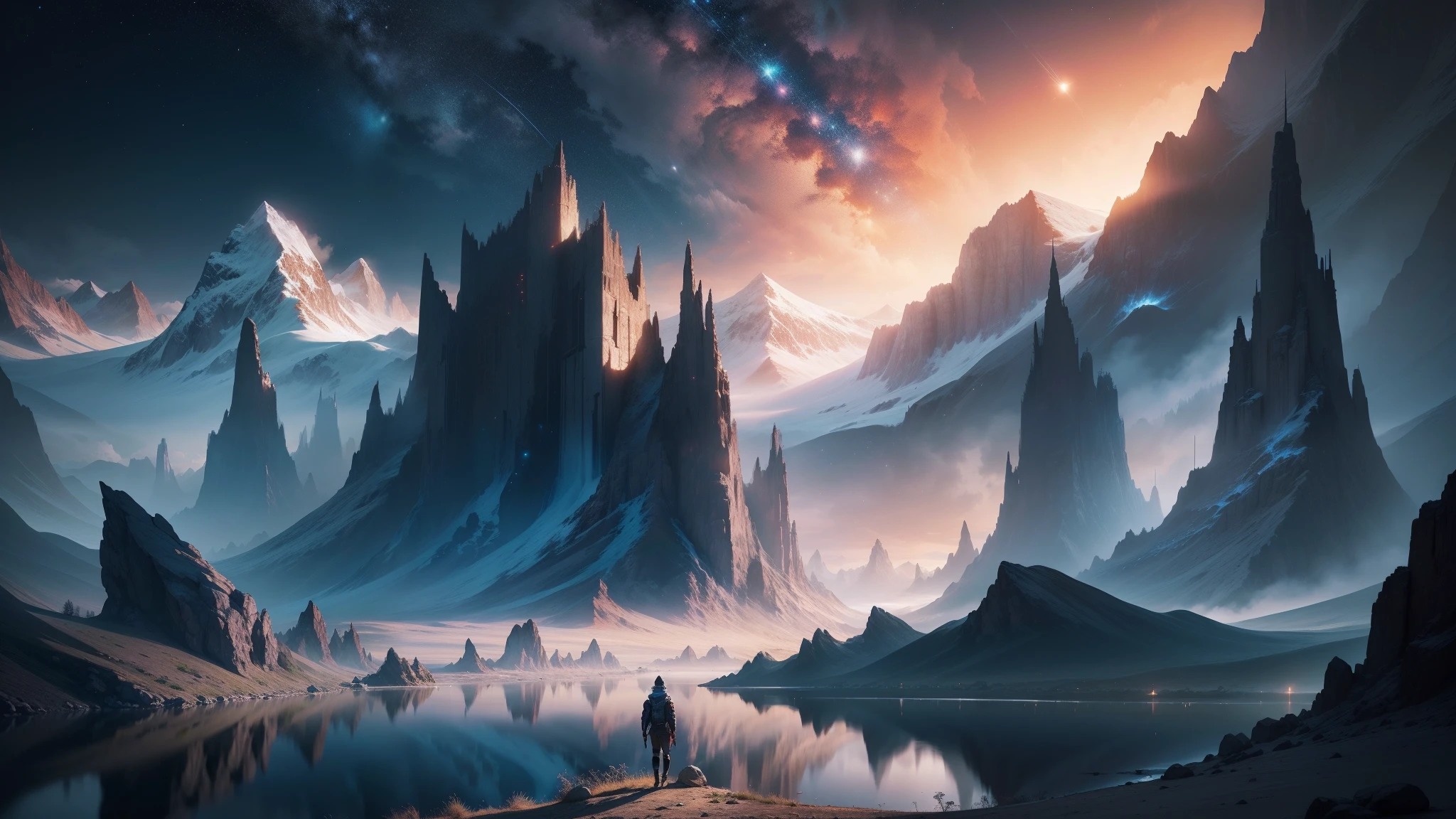 mountains and a lake with a starry sky, 4k arte digital altamente detalhada, 4k hd wallpaper muito detalhado, paisagem de fantasia impressionante, sci-fi fantasia desktop wallpaper, unreal engine papel de parede 4k, 4k arte digital detalhada, papel de parede de fantasia sci-fi, epic landscape of dreamlike fantasy, 4k hd matte pintura digital, 8k arte impressionante
