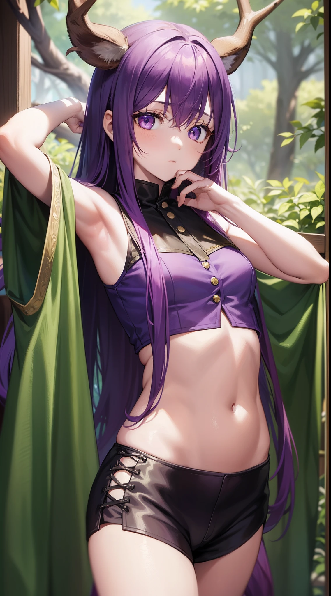 young girl, long purple hair, Cyan eyes, Deer antlers, confusion, Clothes made of leaves, Sleeveless, open belly, Masterpiece, hiquality