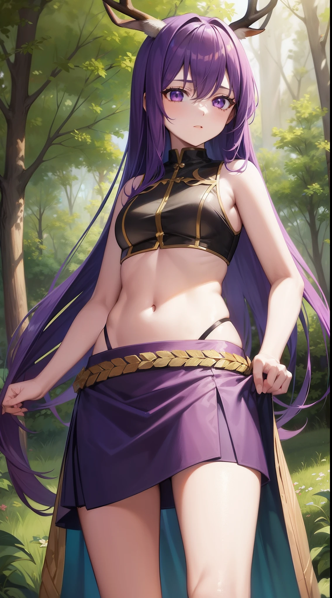 young girl, long purple hair, Cyan eyes, Deer antlers, confusion, Clothes made of leaves, Sleeveless, open belly, Masterpiece, hiquality