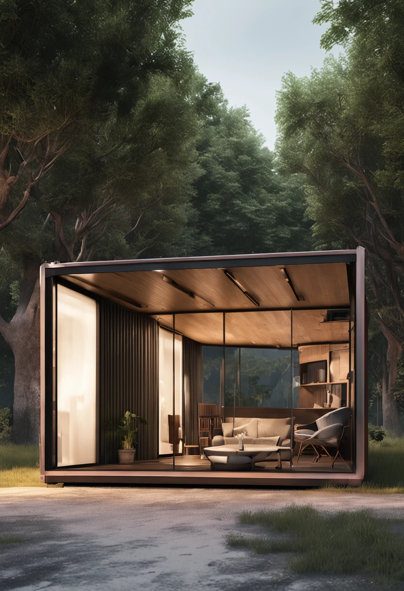On a wide grassy field,There are trees,Monochrome containers,shipping containers, libraryai,Architectural renderings are highly photographic rendering, archviz, photorender