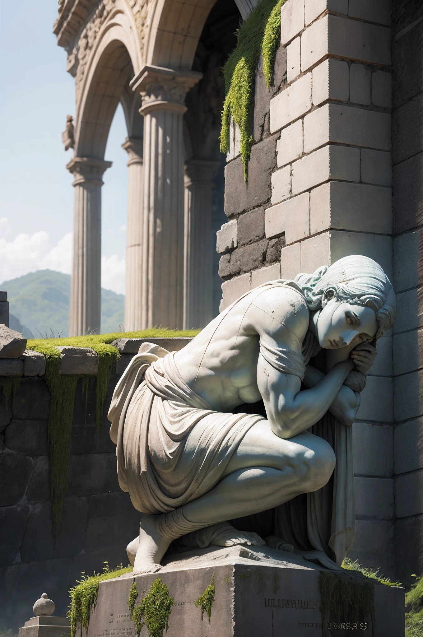 (obra-prima, melhor qualidade: 1.3), Stone statue, in a thinker's position, has a broken arm, is full of mosses, in a ruined castle