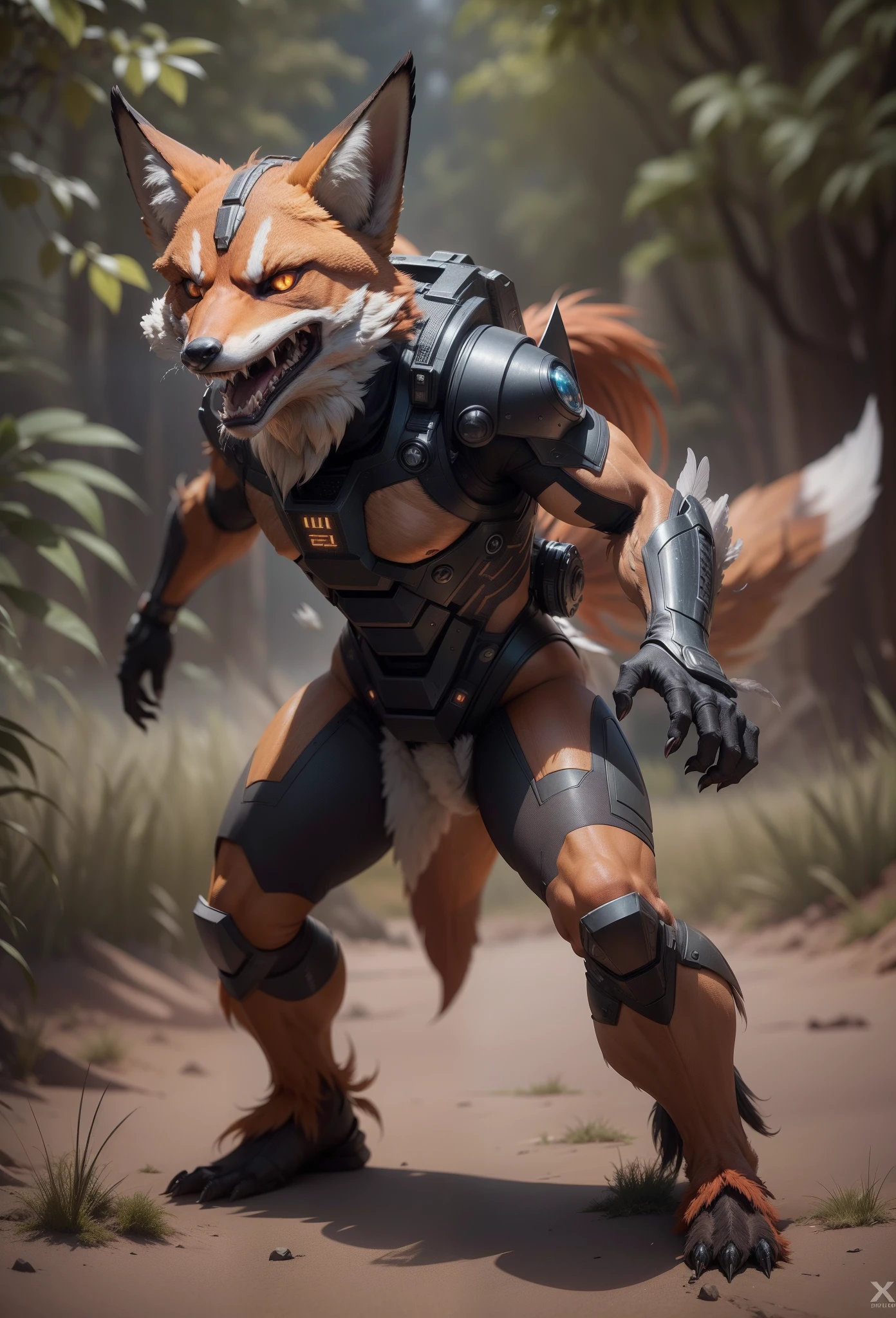 Sci fi humanoid creature with the feathers of a fox and mutant traits similar to rocket teeth, serious angry face, expressive real photography, natural light, photorealism, cinematic rendering, ray tracing, the highest quality, the highest detail, Cinematic, Third-Person View, Blur Effect, Long Exposure, 8K, Ultra-HD, Natural Lighting, Moody Lighting, Cinematic Lighting