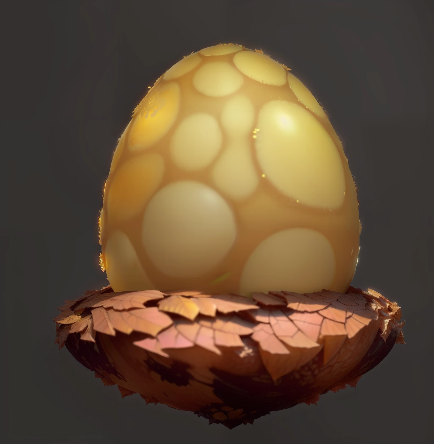 The dead leaf nest has a large yellow-shelled egg on top, ornate egg, Dragon eggs, an egg, Egg, magic frozen ice phoenix egg, Eggs, newly hatched dragon, arte renderizada, smooth shading, semi - realistic render, stylized pbr, smooth light shading, he has a big egg, hyperdetailed crisp render, hatching