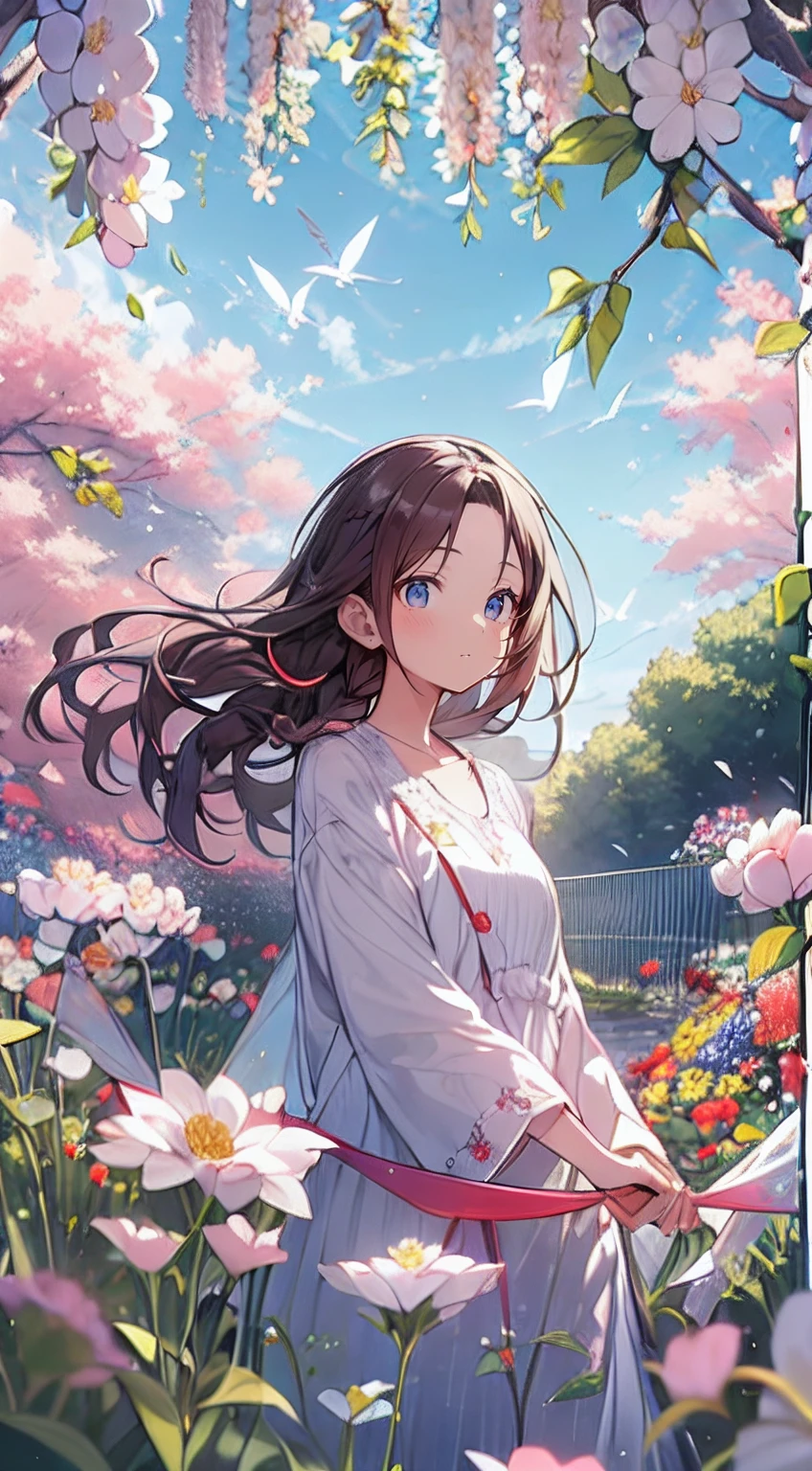 masutepiece, Best Quality,Illustration, Wallpaper, Ultra Detail, Absurd beauty、1 beautiful girl、 (Semi-long hair、short braided hair), Beautiful ultra-detailed eyes , Hair fluttering in the wind、Keep your head small、flower  field、great outdoors、Landscape of the flower garden