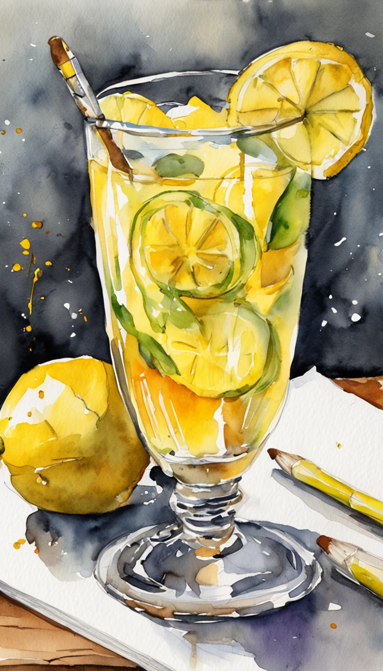 Painting a glass of lemonade, straw with lemon, drawing in watercolor, sketching a glass of lemonade with a brush pen, with a lemon lying on a wooden table, digital sketching, Drip paint. Perfect color grading. Influenced by Karel Appel and Jeremy Mann, extremely detailed, Beautiful, extremely detailed, Editorial shot, 50mm lens shot, depth of field, Shutter speed 1/1000, F/22. Light Map, Super Bright