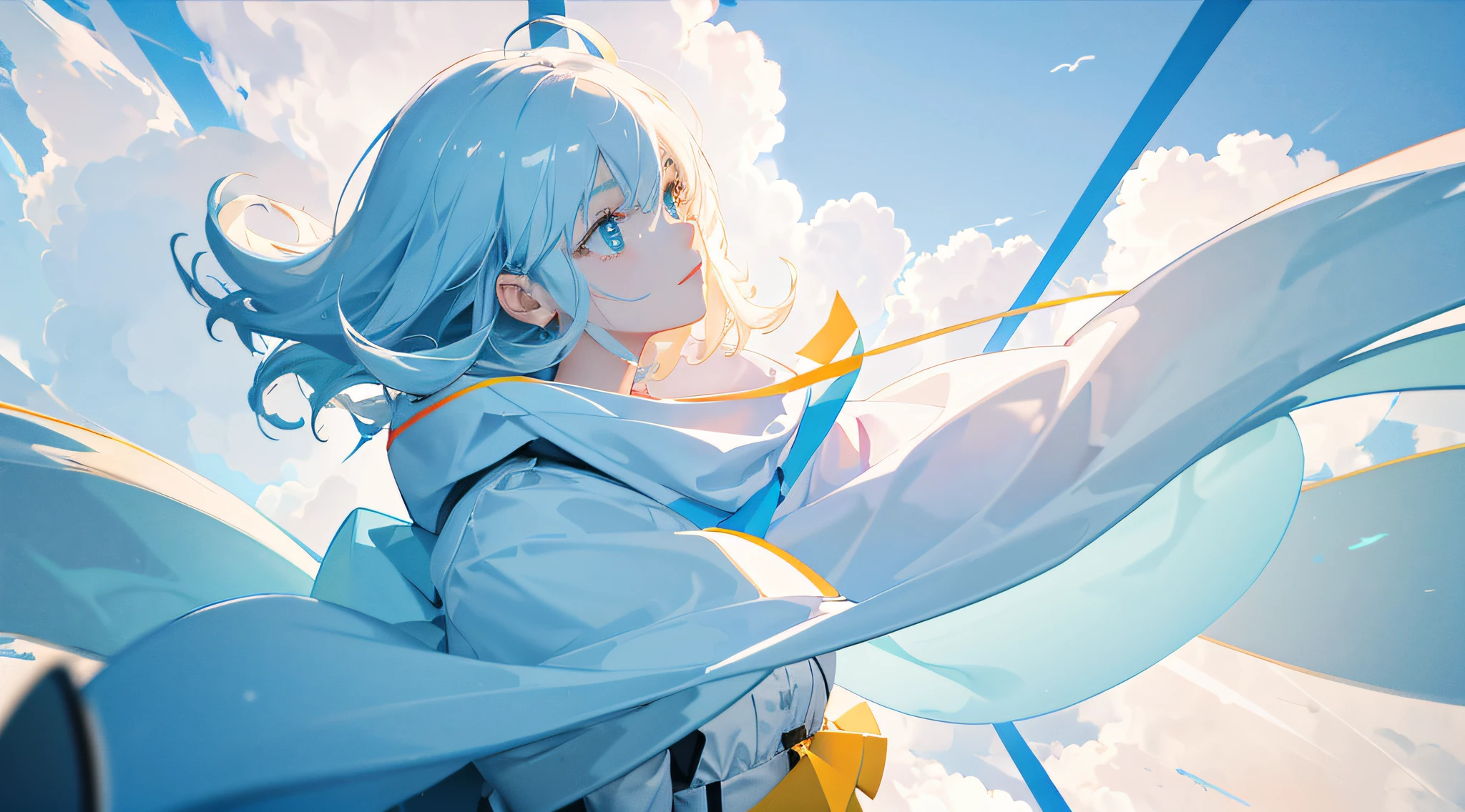 masterpiece, best quality, movie still, 1girl, floating in the sky, cloud girl, cloud, (close-up:1.1), bright, happy, fun, soft lighting, (Bauhaus, shapes, lines, abstract:1.1)