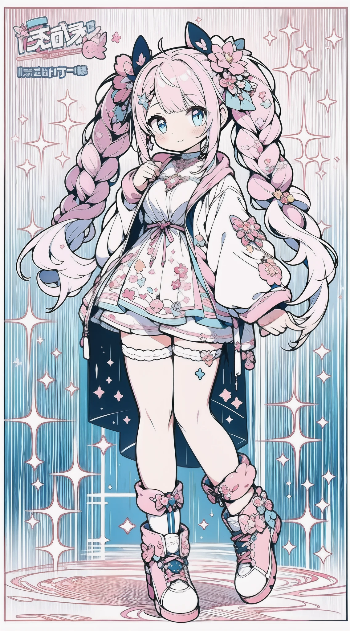 1girl, full body, wearing pink shorts with lace with jean texture, wearing parka in modern style fashion in color yellow,rainy day, foggy, gradient, multicolored hair, long hair in double braided pigtails hairstyle with separated bangs, blue bright eyes, big perfect eyes like diamonds, cute, character design, detailed, anime, official, flowers pattern, pink details with sparkles and brushes, clip studio paint, csp, psd
