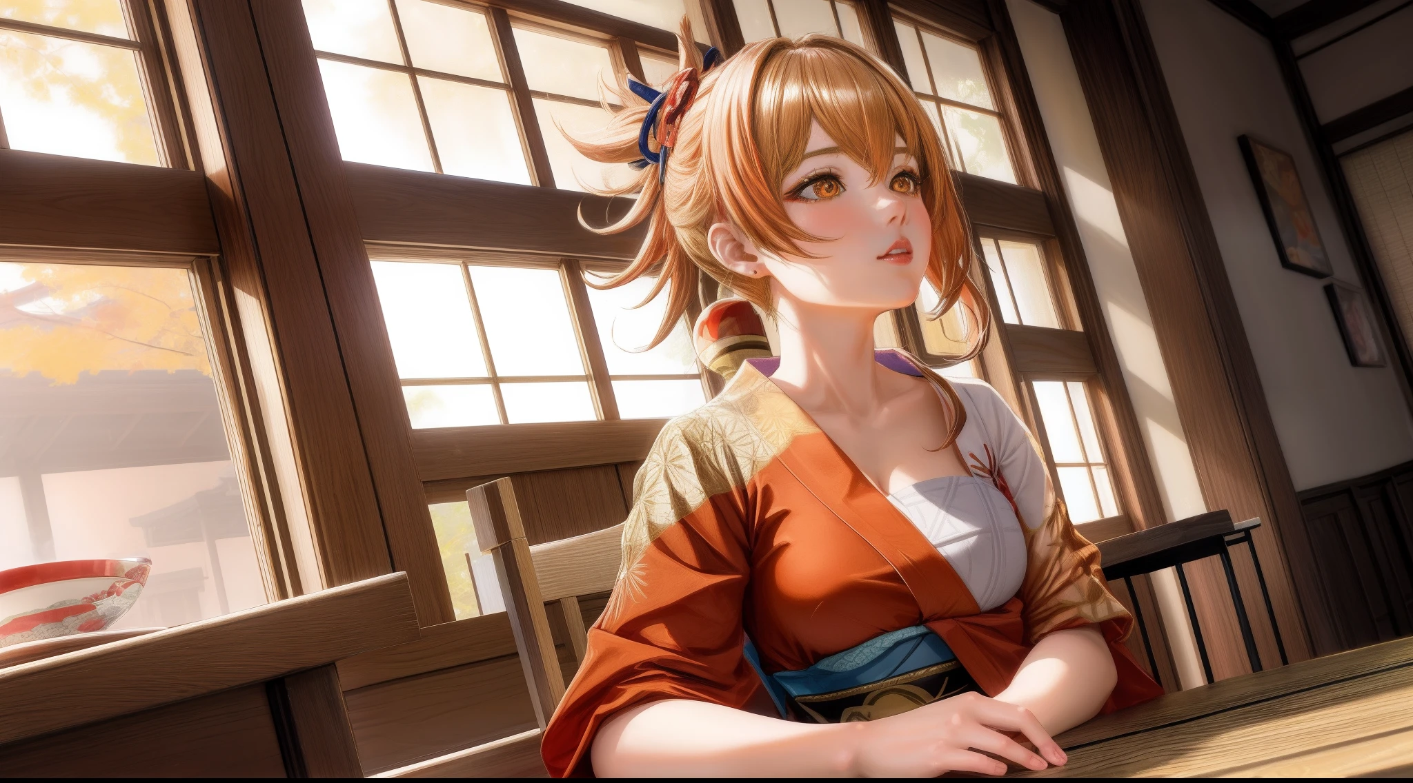 1 adult woman, (yoimiya genshin impact), focused upper body, realistic, red and white kimono, (dark golden hair), golden pupils, sitting pose, leaning on table,