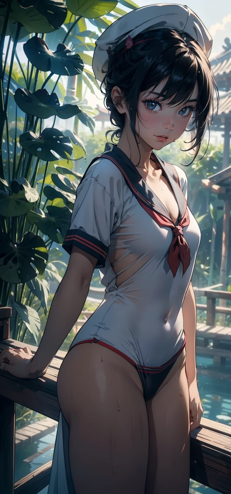 1 female,3 ,bit girl,Small loli,huge-breasted,Pornographic exposure, 独奏,(Background with:bamboo forrest,lotuses,lotus flower,exteriors,Lotus pond) She has short black hair,Qi bangs,Doll head,Station,Sweat profusely,drenched all over the body,,seen from the front, hair straight, mostly cloudy sky,(((tmasterpiece),(Very detailed CG unity 8K wallpaper),best qualtiy,cinmatic lighting,detailed back ground,beatiful detailed eyes,Bright pupils,Black eyes,(Very fine and beautiful),(Beautiful and detailed eye description),ultra - detailed,tmasterpiece,)),facing at camera,A high resolution,ultra - detailed),revealing breasts,Bare genitalia, Bulge,legs are open,Raised sexy,Camel toes,Flushed complexion,Open-mouthed,frontage,elementar cap(Wearing:Sailor uniform,one piece swimsuit,athletic sneakers,nakeness)