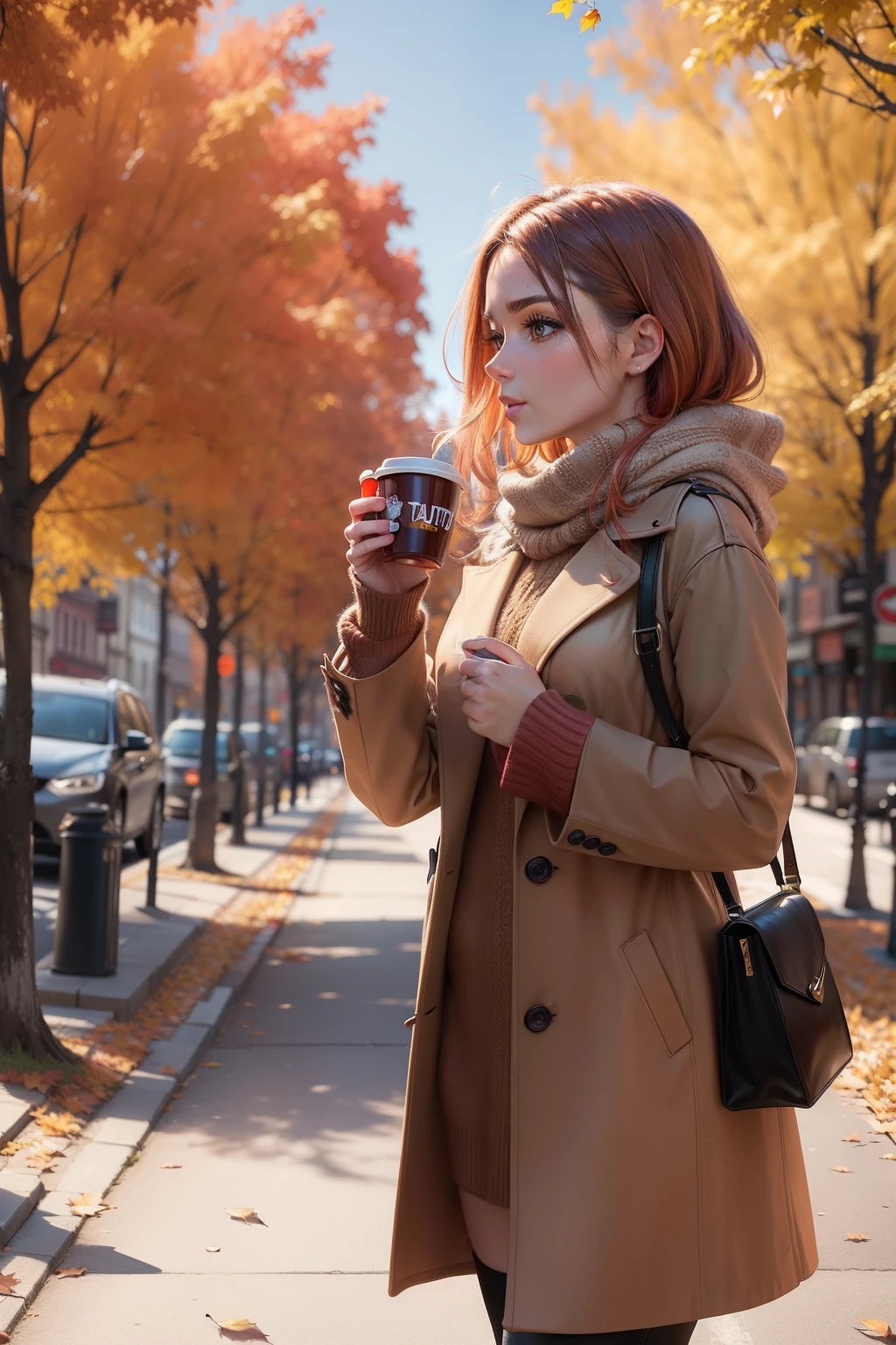 autumnal　Autumn in the arts　colouring　tree-lined street　stroll　Woman drinking coffee　　　Top image quality　hight resolution