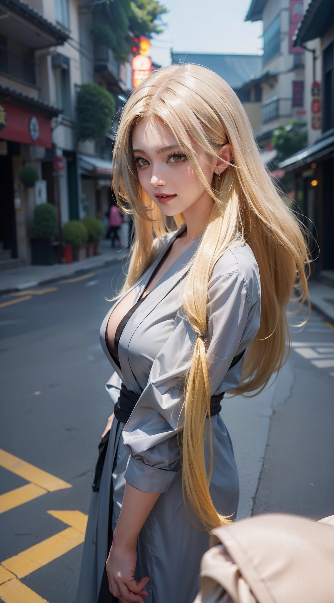 1girl, tsunade in anime naruto, long hair, yellow hair, yellow eyes, smile, beautiful, sexy dress, sexy clothes, grey clothes, very big breast, realistic clothes, detail clothes, outdoor background, ultra detail, realistic