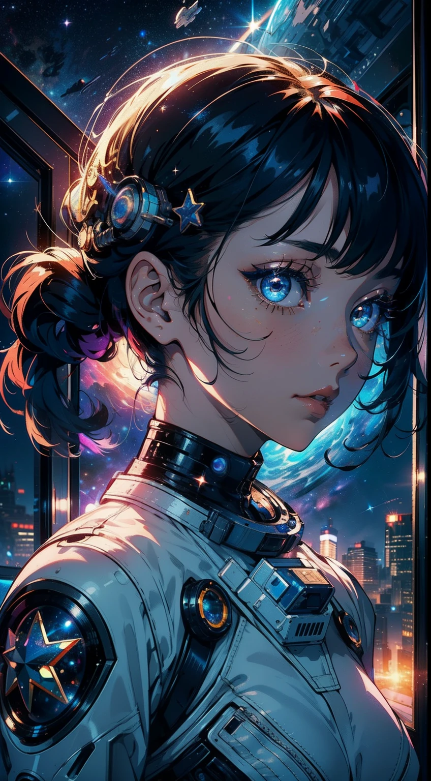 space girl,space suit, space, masterpiece, best quality, technological, high tech, intricate, detailed, absurdes, 1girl, cute, perfect face, space, window, gorgeous, star dust,cosmic, wallpaper, cinematic,compsition, colorful, perfect eyes, sensual,magic, dimensions, stardust, futuristic