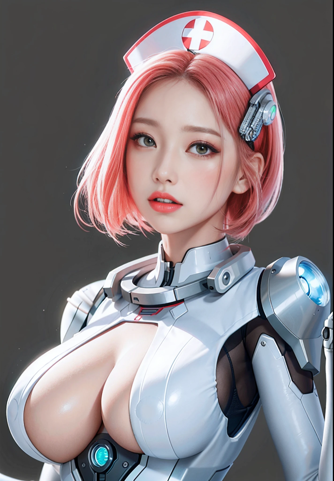 Close-up of a woman posing in a nurse's uniform, Cute cyborg girl, perfect android girl, beautiful girl cyborg, Biomechanical OPPAI, portrait anime space cadet girl, Smooth anime CG art, smooth digital concept art, beautiful female android!, an oppai cyberpunk, beautiful female android, beautiful white girl cyborg, Robot girl, Retrato Armored Astronauta Menina, Cyborg girl