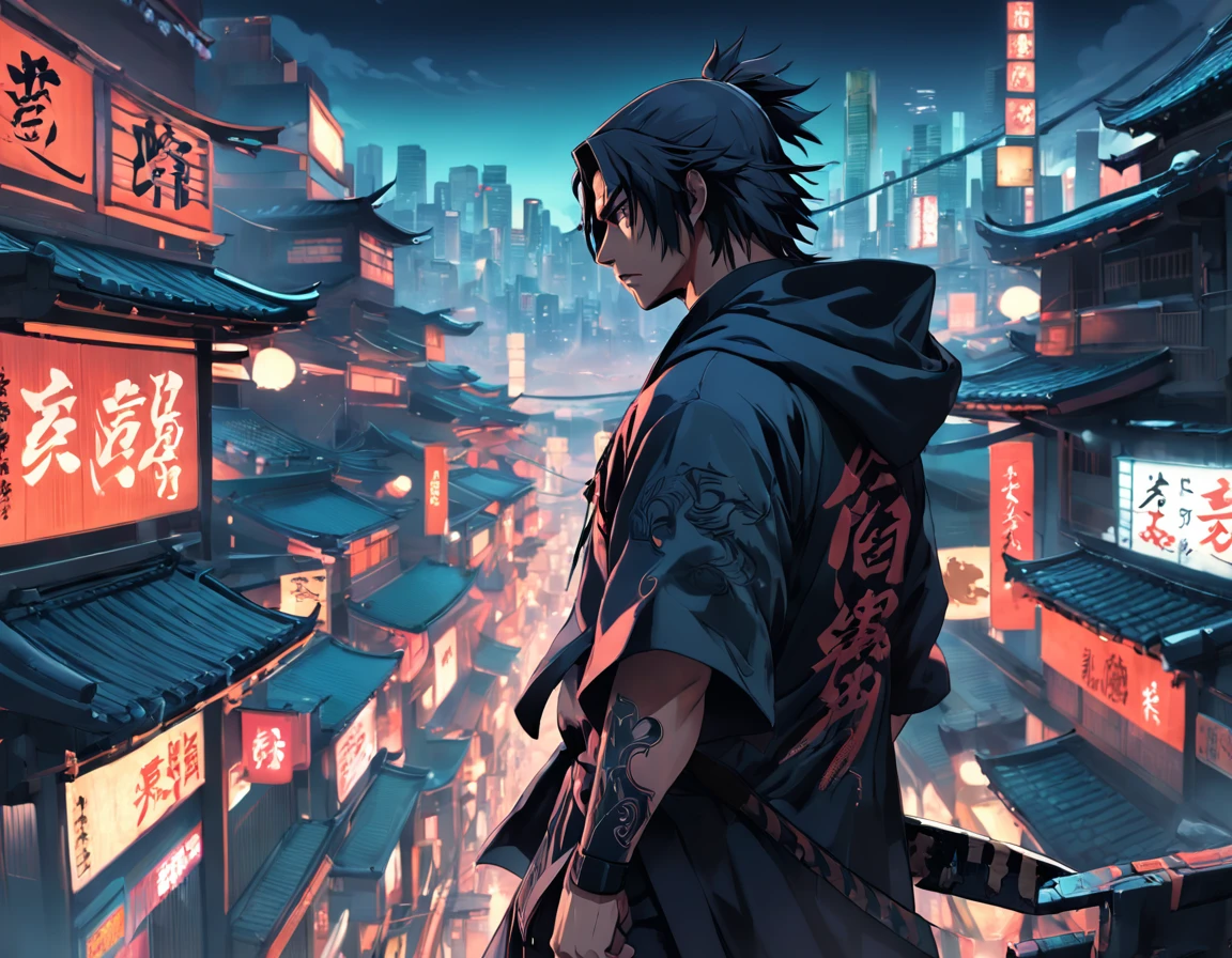 The picture is dark，The gates of the Forbidden City are ajar，There is a tiger head buckle at the door，An ancient juvenile swag pose with his back to the starting point begins with a half-squat，In the distance are cyberpunk high-rises，Fluorescent lights shine。Web stage