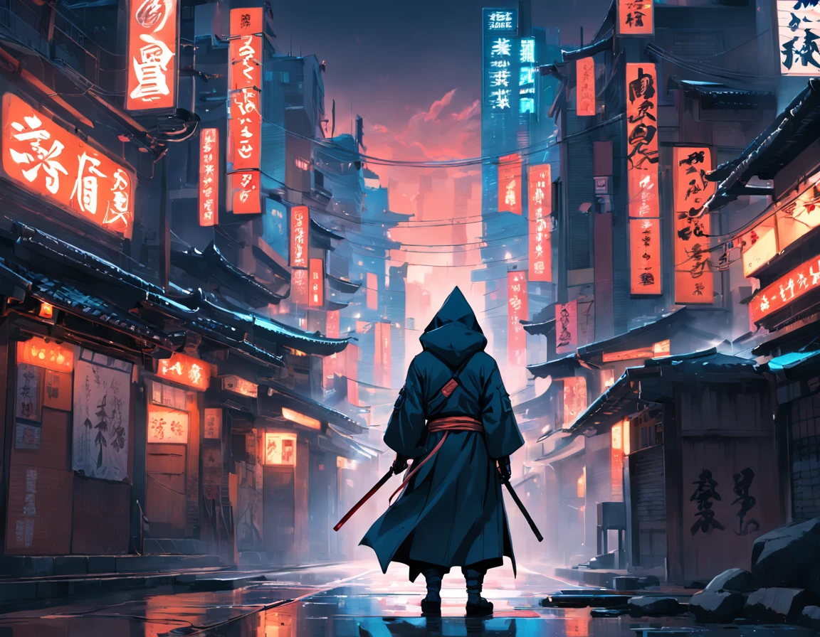 Anime - style illustration of a man in a hooded jacket looking out over a city, samurai cyberpunk, samurai urbano, badass anime 8 k, Dan Mumford. 8K octane rendering, Ronin, Dan Mumford. octan render, Dan Mumford. maya render, Estilo Andreas Rocha, Papel de parede de arte conceitual 4K, 4k resolution concept art, samurai cyberpunk muito bonito