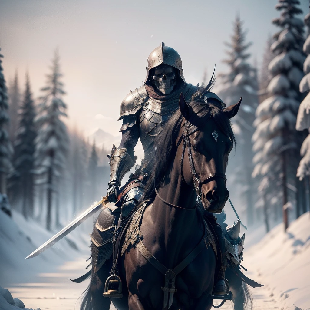 skeleton warrior,Ride a bone horse,Black armor,Black helmet,Holding a long sword,ice snow background