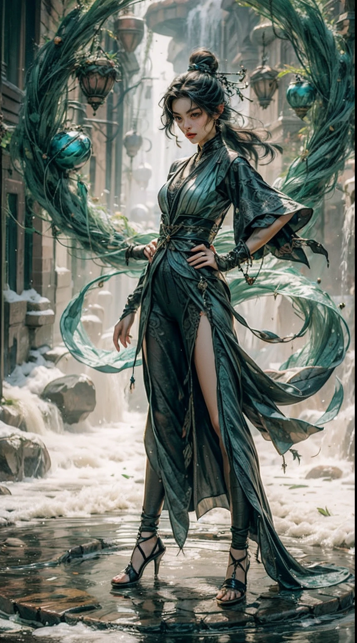 hair pulled back, crescent hair ornament,full body shot shot, Contemporary art, High details, Masterpiece, ccurate