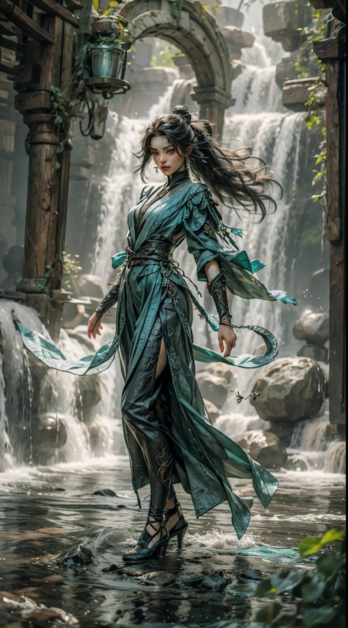 A woman in a green dress standing in front of a waterfall - SeaArt AI