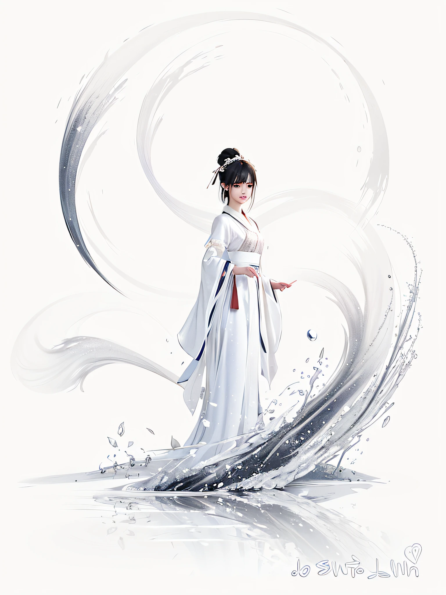 Painting a woman in a white dress standing in the water, flowing white robe, White Hanfu, flowing white robe,detail face, close eyes, by Yang J, Palace , A girl in Hanfu, flowing magical robe, Inspired by Ai Xuan, Flowing robes, Hanfu, flowing hair and long robes, Beautiful character painting, Chinese painting style, flowing robe