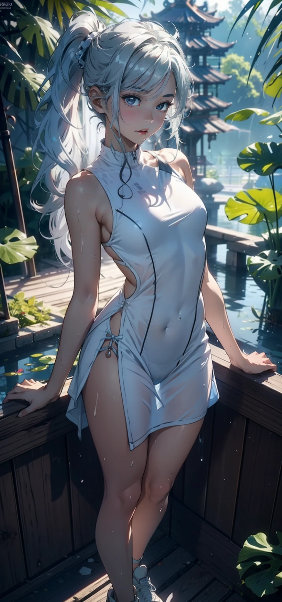 1female，3 ，bit girl，Small loli，huge-breasted，Pornographic exposure， 独奏，（Background with：bamboo forrest，lotuses，lotus flower，exteriors，Lotus pond） She has short silver-white hair，standing on your feet，Sweat profusely，drenched all over the body，seen from the front， hair straight， mostly cloudy sky，（（（tmasterpiece），（Very detailed CG unity 8K wallpaper），best qualtiy，cinmatic lighting，detailed back ground，beatiful detailed eyes，Bright pupils，Black eyes，（Very fine and beautiful），（Beautiful and detailed eye description），ultra - detailed，tmasterpiece，）），facing at camera，A high resolution，ultra - detailed），revealing breasts，Bare genitalia，  Bulge，legs are open，Raised sexy，Camel toes，Flushed complexion，Open-mouthed，frontage，elementarsexy ultra-short transparent loli dress，Bare breasts，Bare lower body，Exposing the ，athletic sneakers）