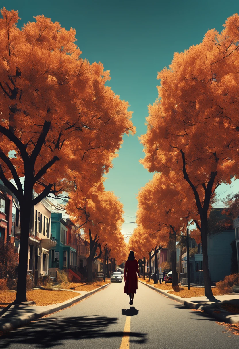 award - winning photo, (Photorealsitic:1.3)　Highest quality high resolution　　Top image quality　hight resolution　　autumnal　Autumn sky　tree-lined street　stroll　taken from the under　Adult Girls　Black Paper Beauty　Long　　American comic book style 　Tanabata