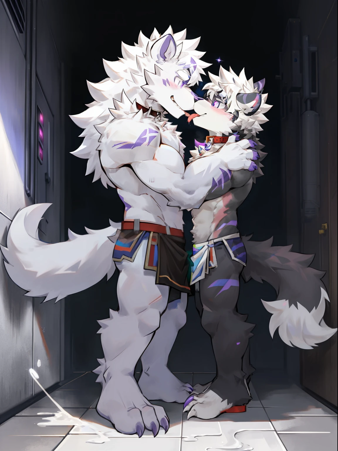 One guy，独奏，Full body like，shaggy male，hairy bodies，Correct anatomy，Detailed double eyes，glowing light eyes，Wearing a naked，White loincloth，Muscular，long  white hair，drak，shoun（thin tall body type），male people，There are small horns on the head，Gray fur，Purple stripes，red striped，Purple eye，glowing light eyes，Sharp claws，Cute meat pad，Collar，Police shackles，adolable，Handsome，Evil charm，haughty，big wolf tail，full bodyesbian，White laboratory，Bright white light，Brainwashing，tongue kissing，Viscous liquid，standing straight，Lie behind each other，Friction organs，Burst the entire liquid from the lower body，covered all over the body，Controlled by lust，Milk spilled all over the floor，Lick the white liquid on the ground，Professional and meticulous lighting