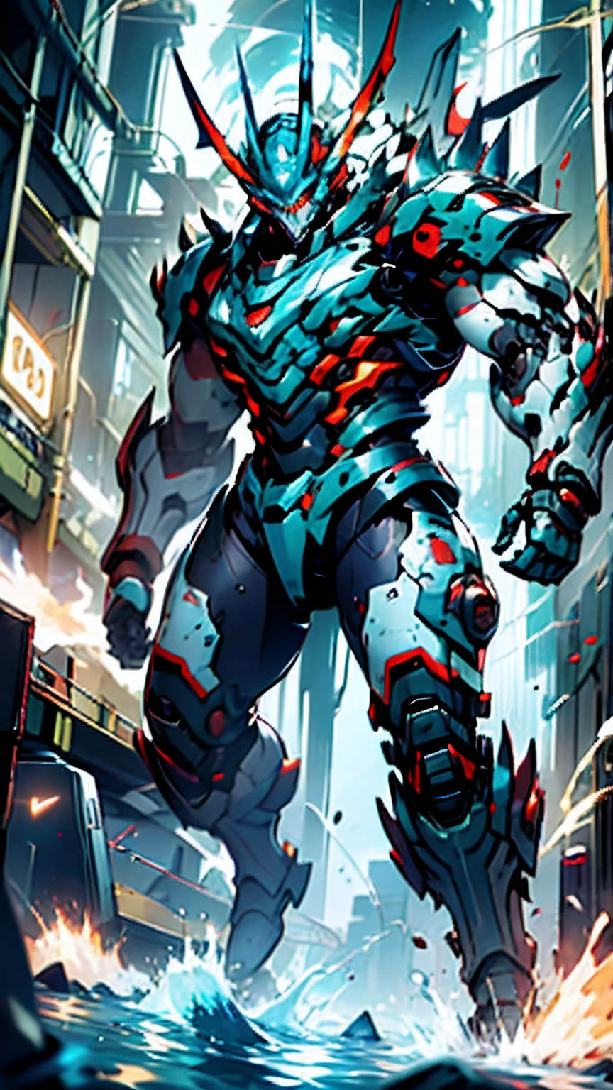 Ridiculous resolution,A high resolution,(tmasterpiece:1.4),Hyper-detailing,Underwater world,Blue mechanical titan giant,charging up,advance,swimmning,combat state,shock,blasts,Red,Jump attack action(1.3),blasts