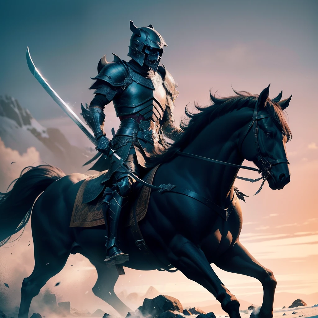 skeleton warrior，Ride a bone horse，Black armor，Black helmet，Holding a long sword，ice snow background