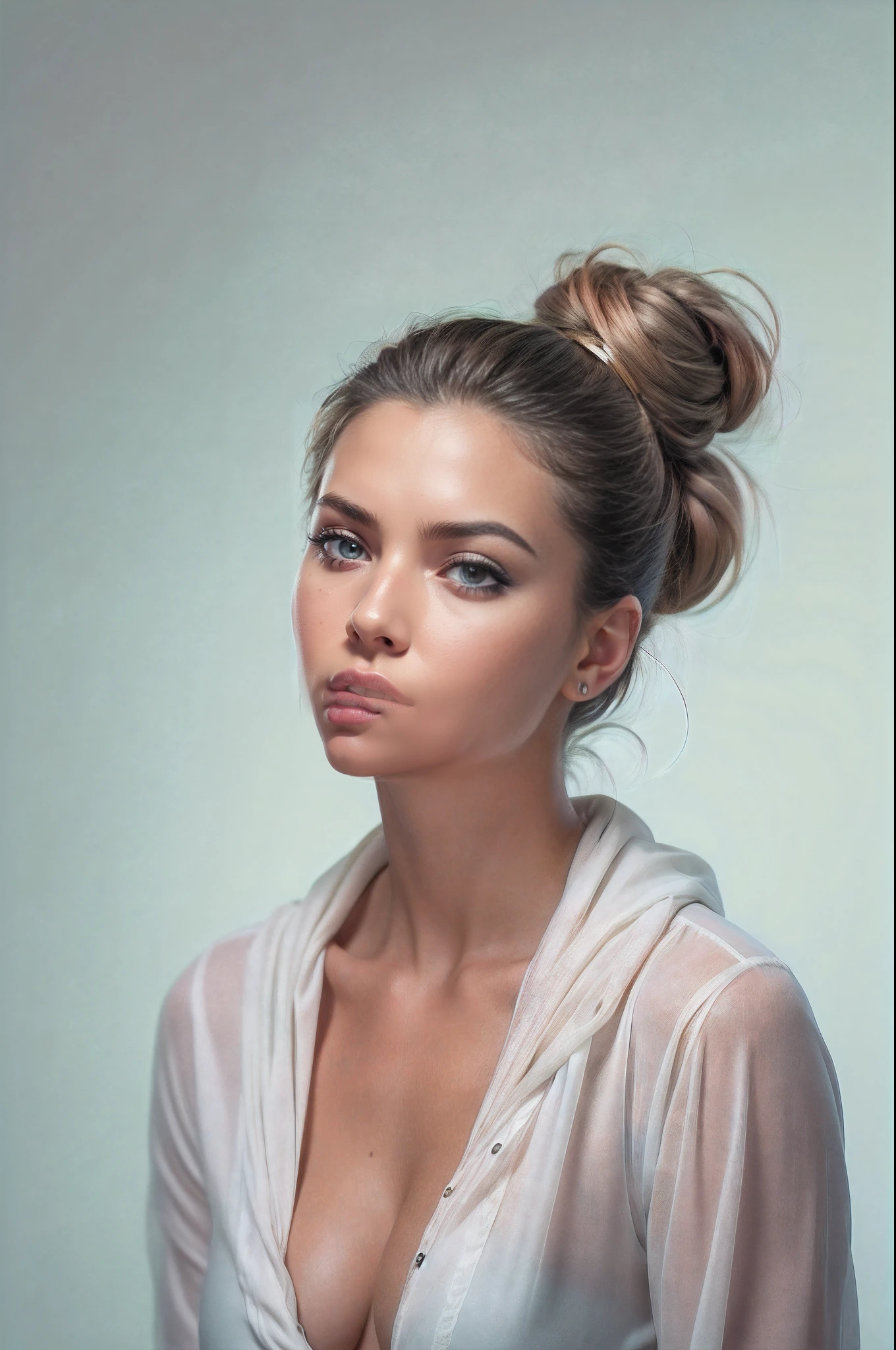 a stock beauty photo of a beautiful woman, white background, beauty photography, studio photo, portrait, hair in bun, 8k, highly detailed, photograph, commercial, realistic skin texture, Photorealistic, Ultra Detailed, 8k, DOF, 85mm prime lens, Canon EOS 5D Mark IV