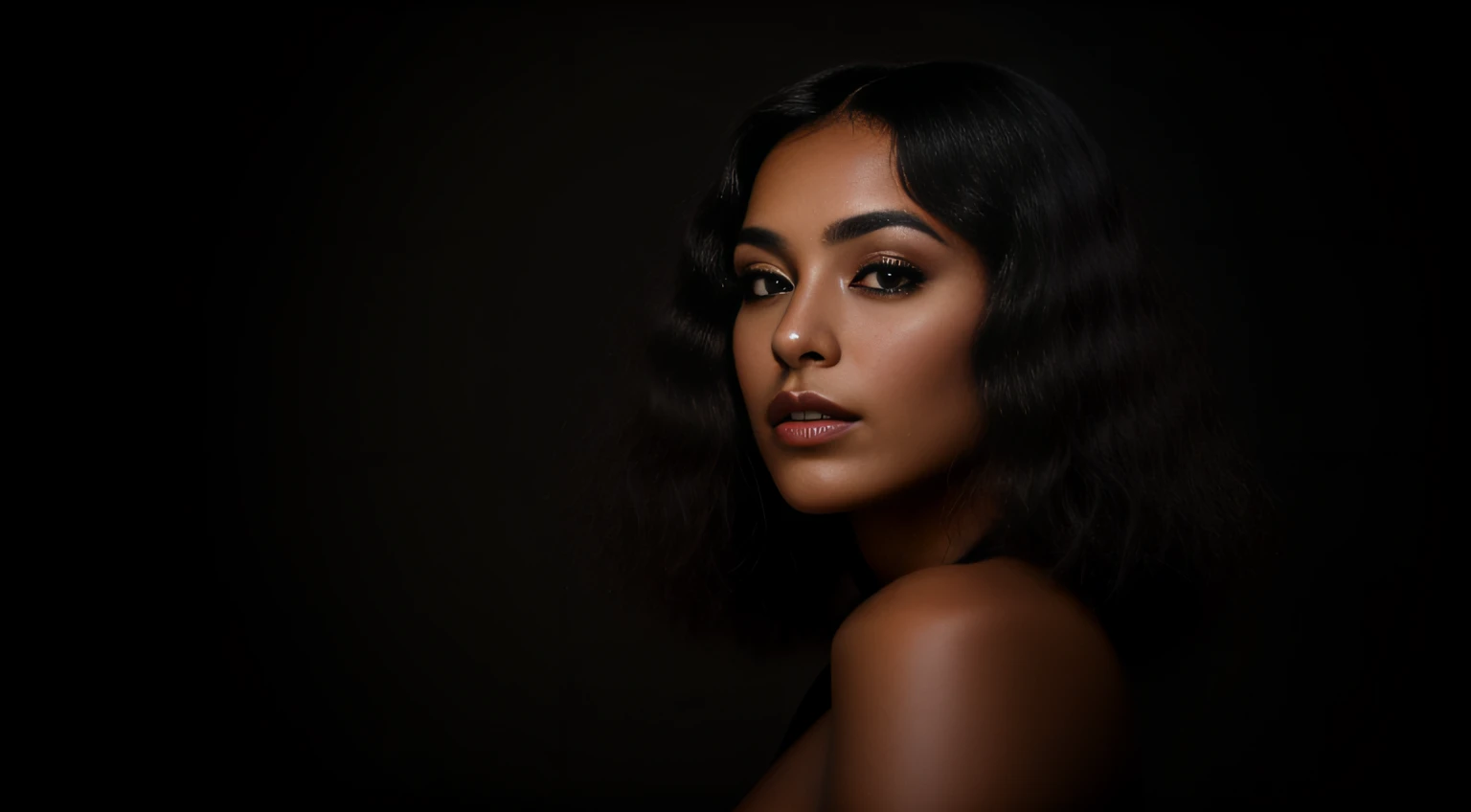 solo retrato mujer joven negra, cabello natural suelto y largo, ((fondo negro))