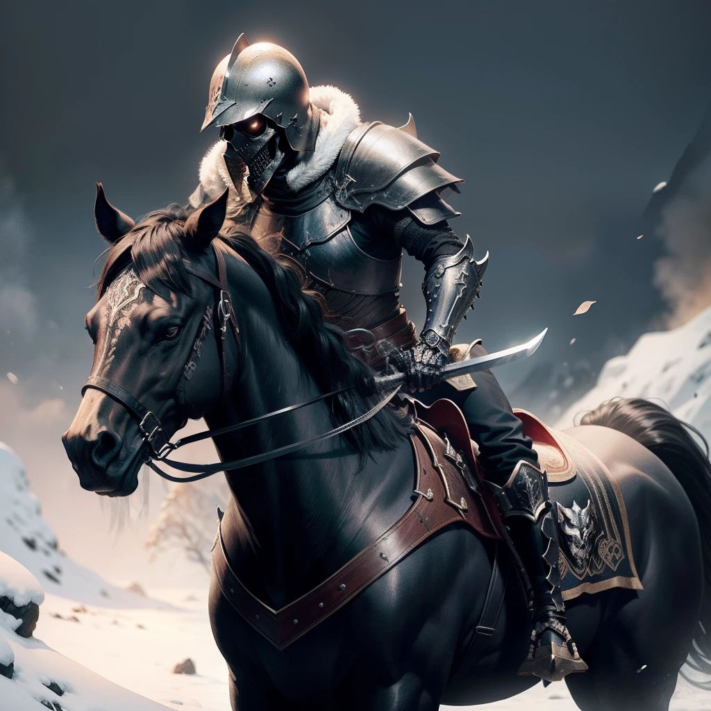 skeleton warrior，Ride a bone horse，Black armor，Black helmet，Holding a long sword，ice snow background