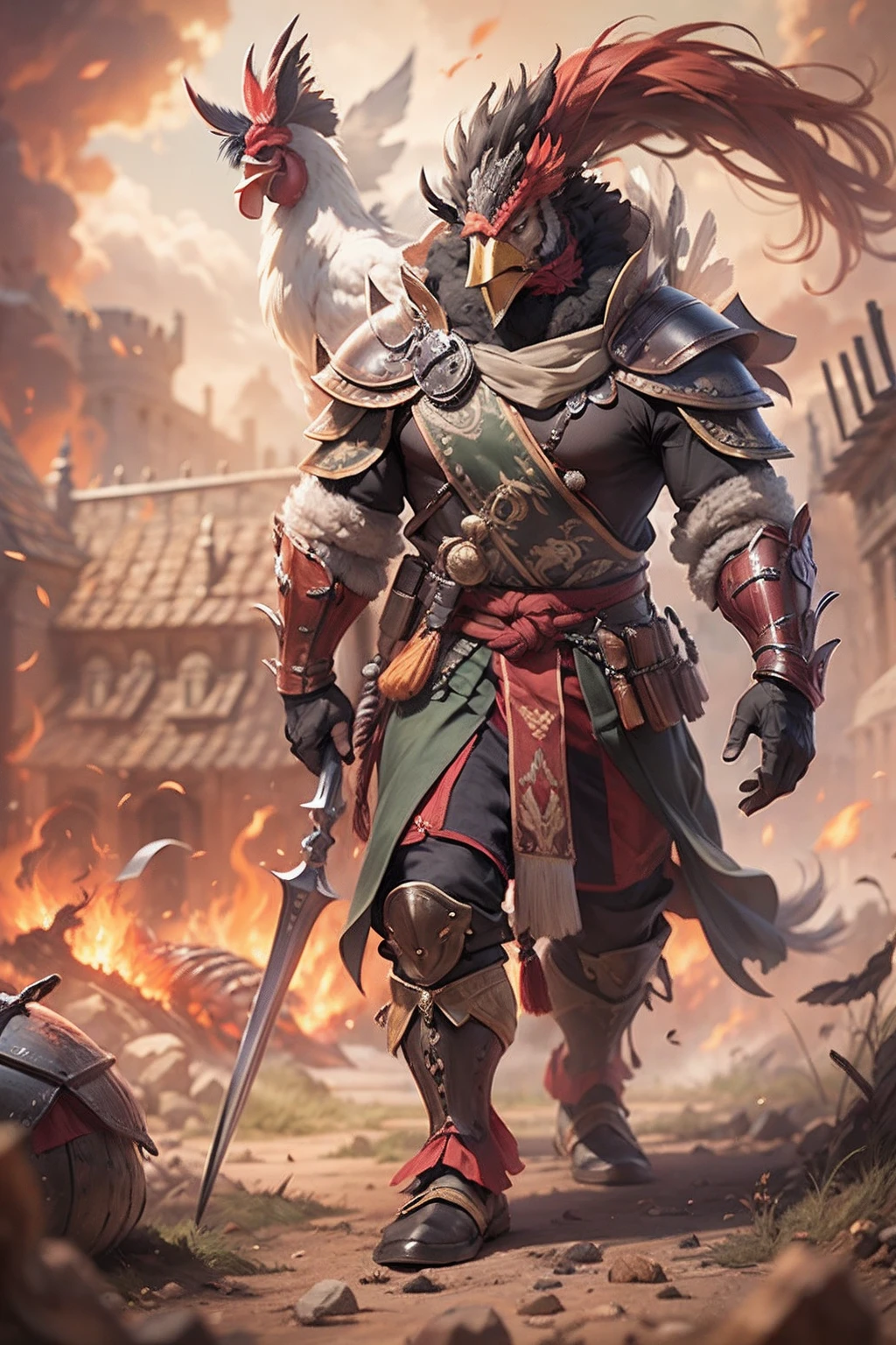（anthropomorphic turtle），（Rooster warrior：1.4），coda，a tall body，Stout limbs，disdain，ran，tosen，The long hairs of the flame fluttered in the wind，combats，Dynamic lines，Dimly lit battlefield，Ruined castle，（stereoscopic perspective：1.4），Works of masters，super-fine，4K分辨率，high qulity，电影灯光，High picture detail，Detailed pubic hair，Epic shooting，Clearly focused hair，Detailed hair depiction，acurate