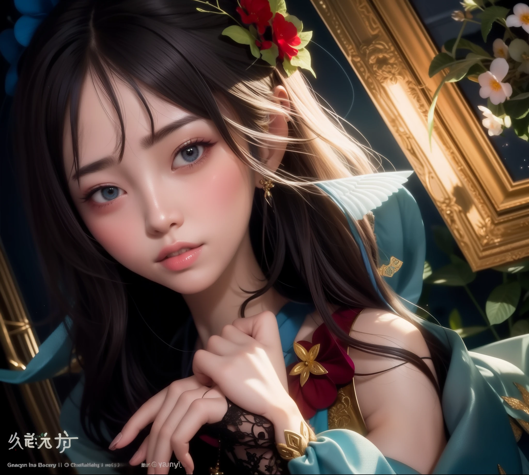 wearing blue dress，Arad woman in a flower crown, Guviz-style artwork, trending on cgstation, 🌺 CGSesociety, author：Yu Zheding, by Yang J, Phlegm sputum, phlegm : : 5, By Ni Tian, style of wlop, Guviz, Guweiz on ArtStation Pixiv, author：Li Fangying