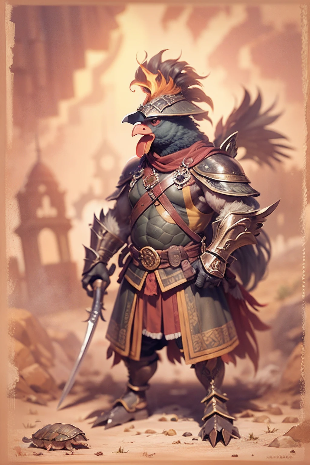 （anthropomorphic turtle），（Rooster warrior：1.4），coda，a tall body，Stout limbs，disdain，ran，tosen，The long hairs of the flame fluttered in the wind，combats，Dynamic lines，Dimly lit battlefield，Ruined castle，（stereoscopic perspective：1.4），Works of masters，super-fine，4K分辨率，high qulity，电影灯光，High picture detail，Detailed pubic hair，Epic shooting，Clearly focused hair，Detailed hair depiction，acurate