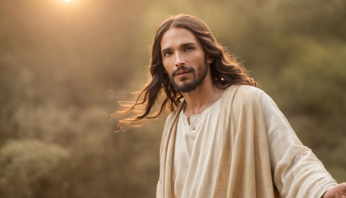 jesus andando e o sol brilhando no plano de fundo