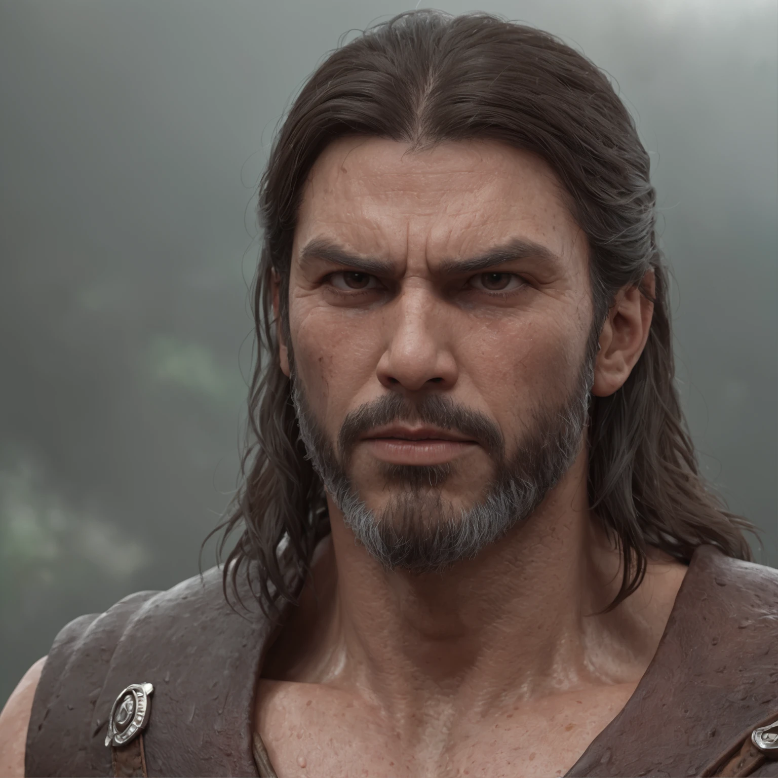 (Professional 3D rendering:1.3) de (Realistic:1.3) Foto de arte mais bonita do mundo，Features soft, bright male heroes, ((Epic hero fantasy rough muscular man wet hero angry look long hair short beard and fierce expression in dynamic pose, fantastic location, majestoso ambiente desordenado)), corpo inteiro 8k unidade render, action shot, poros da pele, very dark lighting, sombreamento pesado, circunstanciado, Rosto detalhado, (vibrante, fotogrdeia realista, Realistic, Dramatic, Escuro, foco nítido, 8k), (Old leather clothes damaged by bad weather:1.4), ((((Use peles)))), (intrincado:1.4), decadente, (altamente detalhado:1.4), pintura digital, rendering by octane, art stations, Conceito-Arte, liso, foco nítido, illustration, germe da arte, (Loish:0.23), Wlop Ilya Kuvshinov, e Greg Rutkowski e Alphonse Mucha Gracias, (global ilumination, studiolight, Light Volumetric), chuva forte, floating particles, patife, fantasia, Onze, corpo inteiroesbian, ((Fundo escuro e antigo da cidade:1.3)),CGSesociedade,art stations