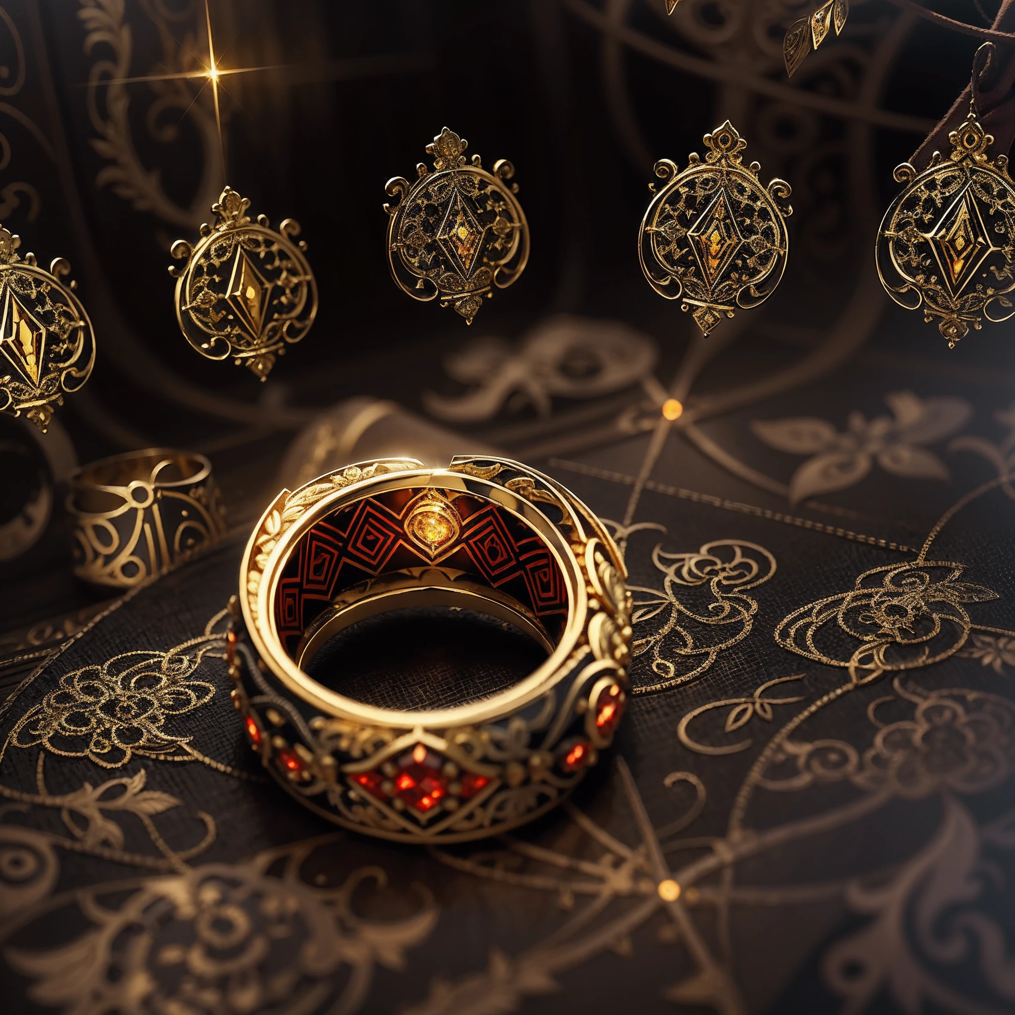 Supreme Ring，Imperial beings，This is（A Supreme Lord of the Rings：6.66），The magic pattern on it emits a glow with the Tyndall effect，It shines with a noble golden light throughout，The golden-red hue is filled with dark-style graphics