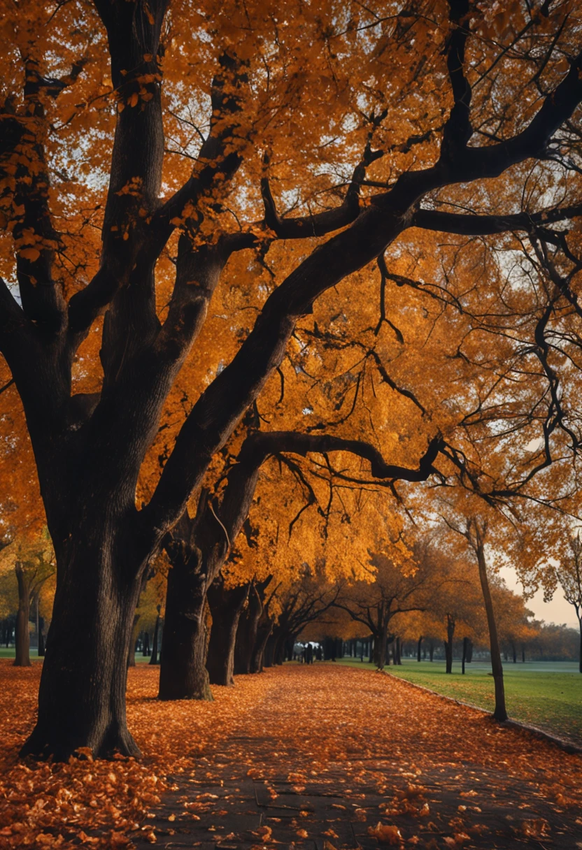 award - winning photo, (Photorealsitic:1.3) Highest quality high resolution Top image quality hight resolution autumnal Autumn sky tree-lined street coffee Take a breath of relief stroll taken from the under Adult Girls Black Paper Beauty Long