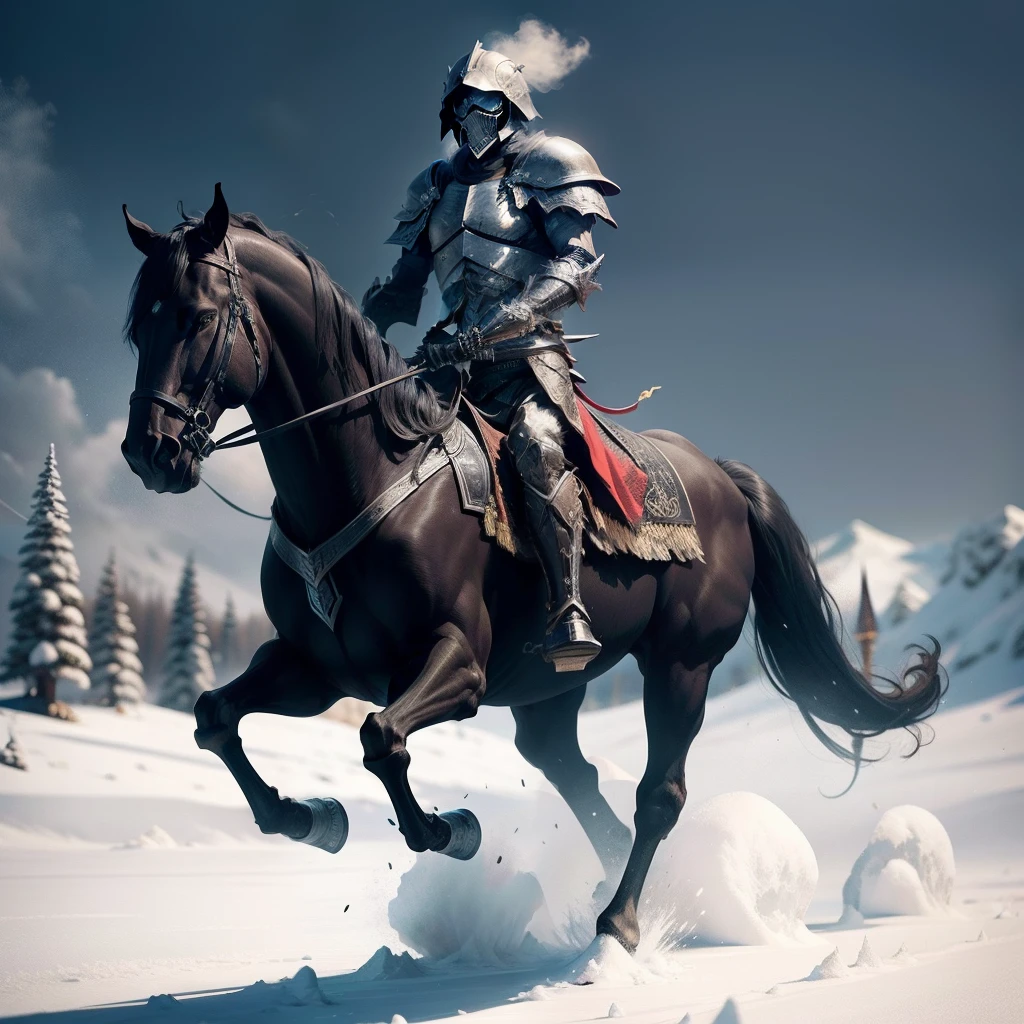 skeleton warrior,Ride a bone horse,Black armor,Black helmet,Holding a long sword,ice snow background