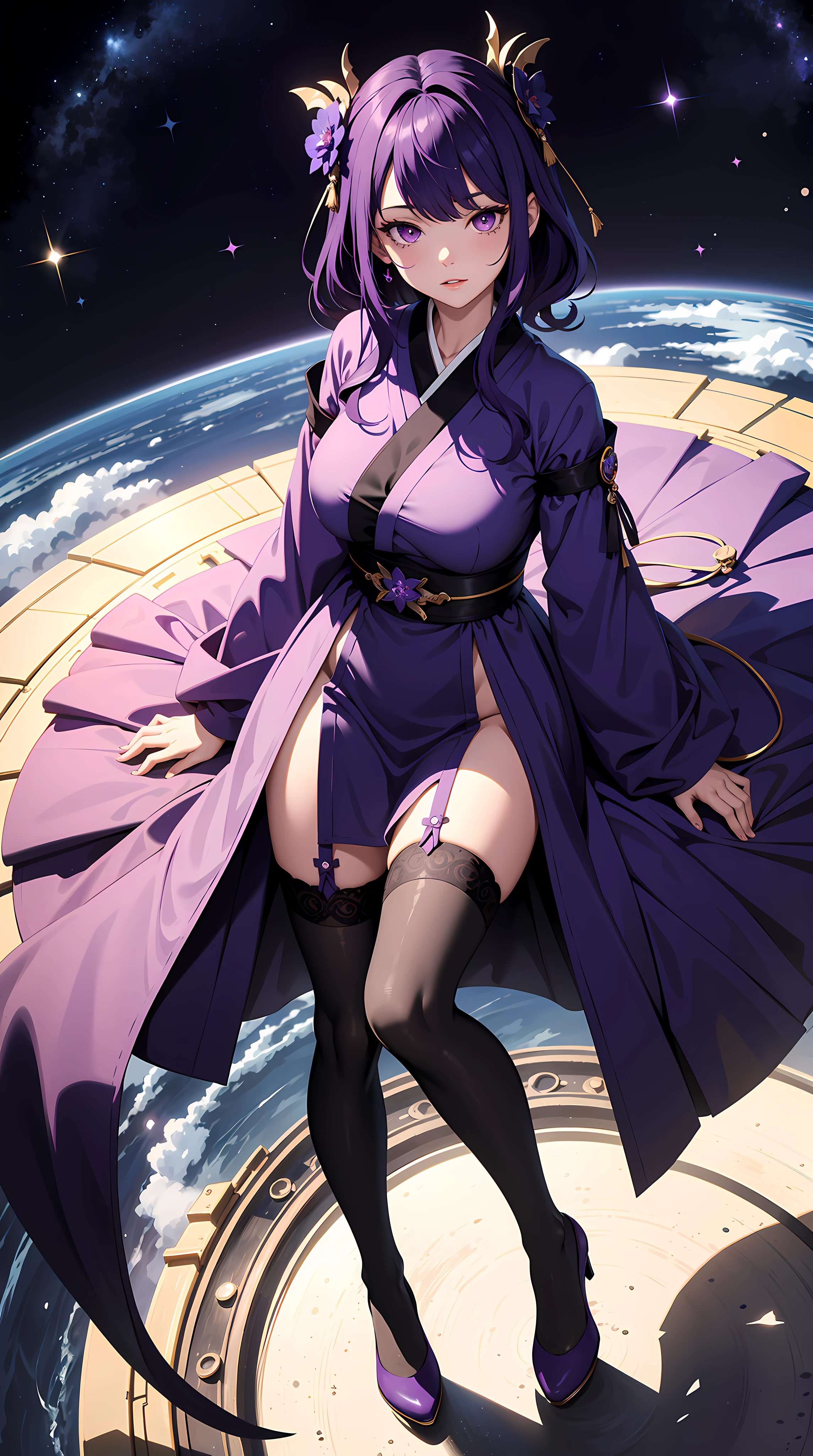 absurd res, high res, (masterpiece:1.4), ultra-detailed, 1girl, from above, space, floating, japan dress, purple dress, stockings, purple hair, purple eyes