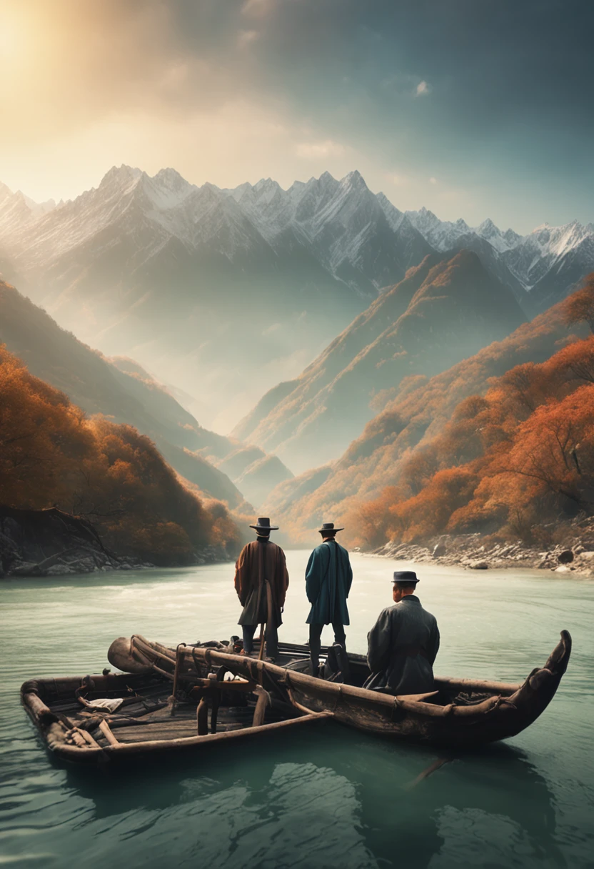 two men standing on a boat in a river with mountains in the background, a picture inspired by Li Keran, pexels contest winner, visual art, ruan jia and brom, vacation photo, ruan jia and fenghua zhong, with mountains in the background, jin shan and ross tran, on a boat on a lake