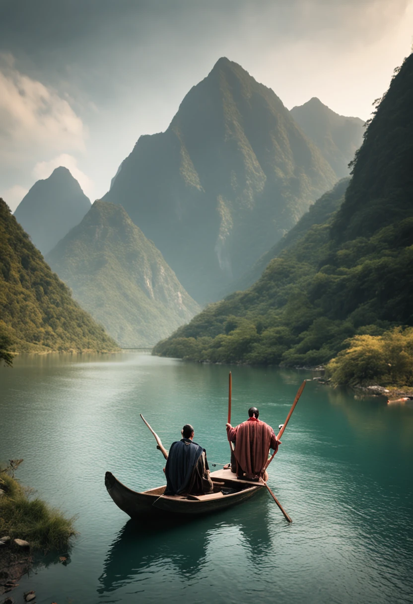two men standing on a boat in a river with mountains in the background, a picture inspired by Li Keran, pexels contest winner, visual art, ruan jia and brom, vacation photo, ruan jia and fenghua zhong, with mountains in the background, jin shan and ross tran, on a boat on a lake