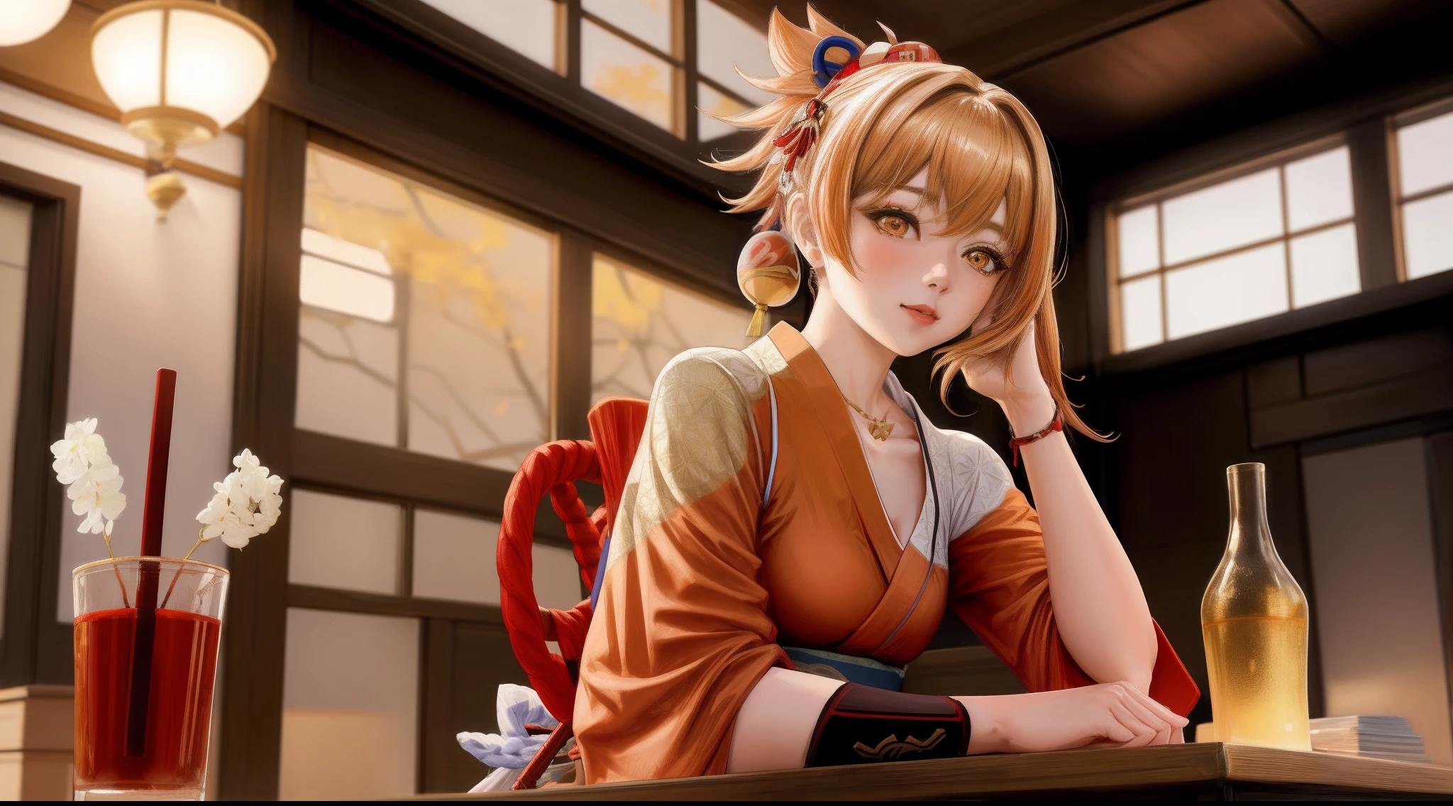 1 adult woman, (yoimiya genshin impact), focused upper body, realistic, red and white kimono, (dark golden hair), golden pupils, sitting pose, leaning on table,