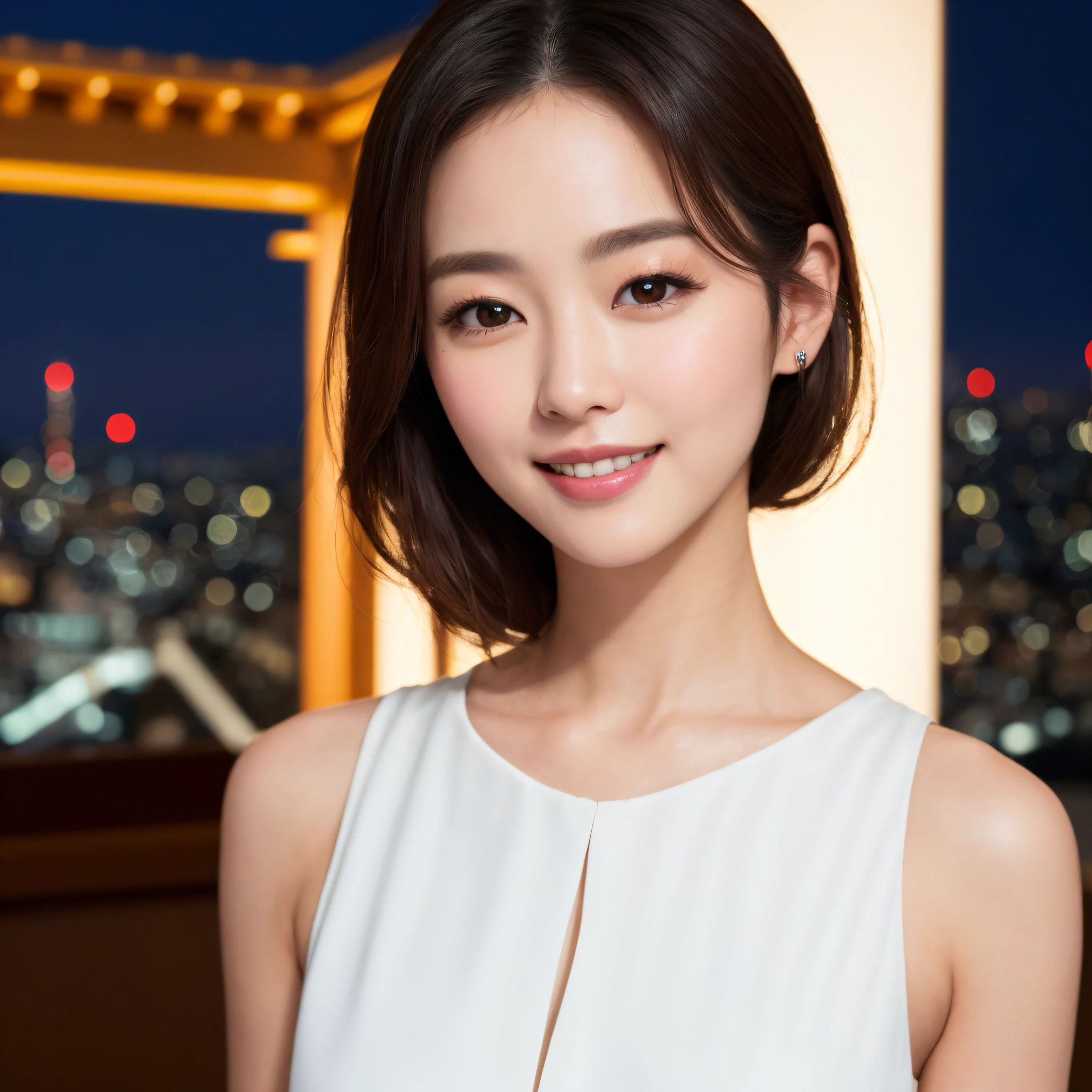 One lady、((best qualtiy、8k masterpieces:1.3))、foco nítido:1.2、(ultra beautiful faces:1.0)、(shinny skin:1.0)、photos realistic、A dark-haired、Video Lighting、High-definition eyes and face、Video Lighting、(Korean Cute Actress)、from the front side、medium breasts、(ssmile:1.2)、Sleeveless、Slender Abs Beauty、Whole body、Wearing a white blouse、in tokyo at night