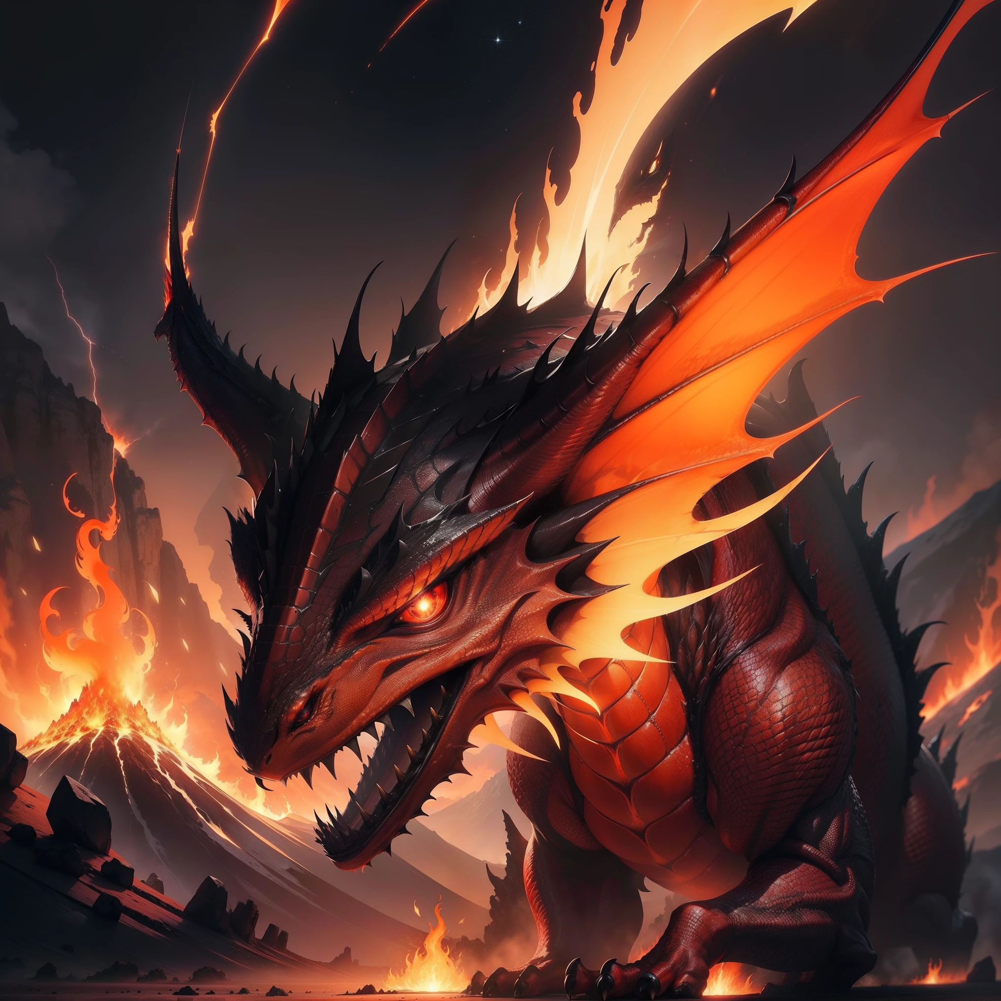 (best quality,16k,32k,highres,masterpiece:1.2),ultra-detailed,(realistic,photorealistic,photo-realistic:1.37),(The ultimate Orochi dragon) glowing red eyes realistic fire background of totally destroyed mountain alone looking at the camera serious expression.