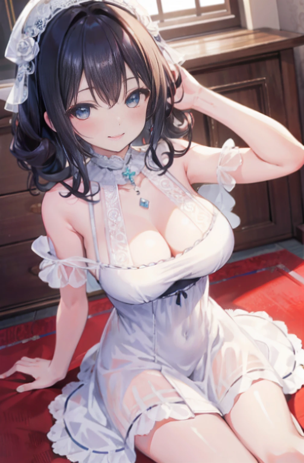 hight resolution、Best Quality, 4K, masutepiece :1.3), Petite pretty woman, A dark-haired、length hair、poneyTail、Pampering Pose、A smile、Colossal tits、 Ultra-detailed face、White Dress、Detailed eyes, sluttish, Pose Seductive, Smooth skin, Exposed thighs, Round breasts、red blush、A smile、From above