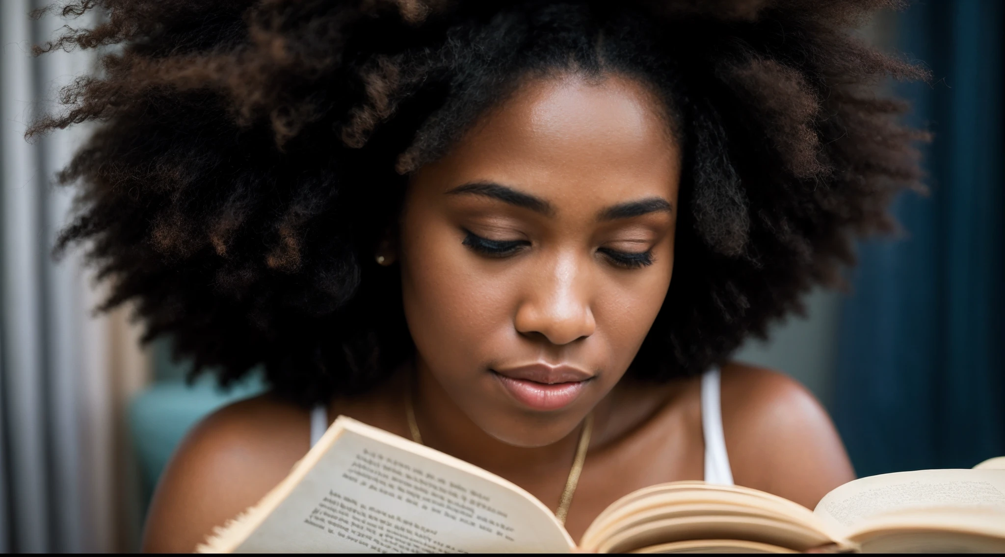 instagram photo, closeup face photo, An evocative image of a afro american woman lost in the pages of a novel, her expressions reflecting the emotions of the narrative, Nikon Z6 II with 85mm f/1.4 lens, soft natural light, candid literature photography.